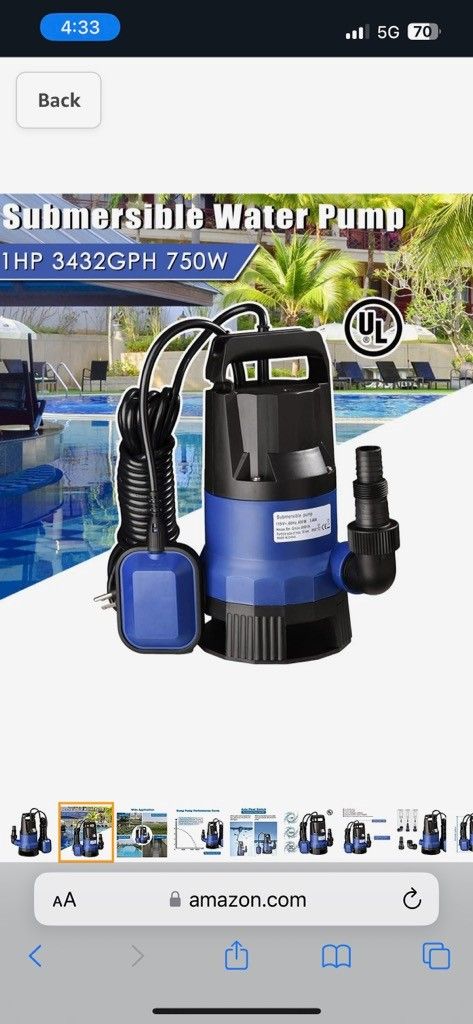 1HP Submersible Water Pump 3434GPH 750W Clean/Dirty Water Pumps with Automatic Float Switch for Swimming Pool Garden Tub Pond Flood Drain