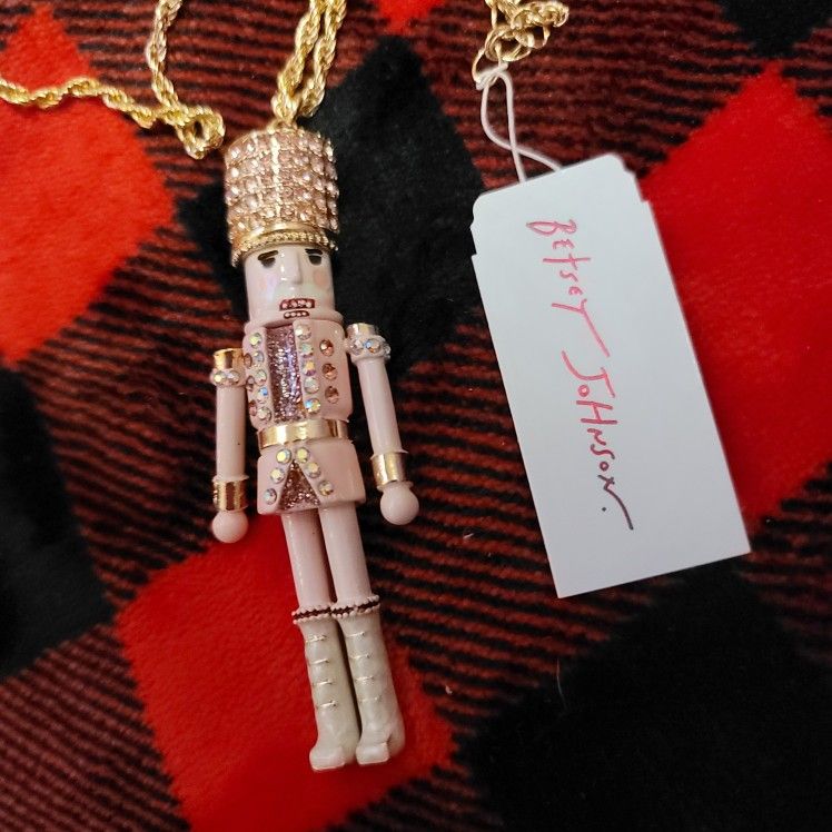 NWT Betsey Johnson Rhinestone Pink Nutcracker Pendant With 18" Chain
