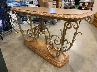 Intricate Carved Wood Console Table with Viney Metal Base