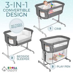 3 in 1 Baby Bassinet, Bedside Sleeper, & Playpen, Easy Folding Portable Crib (Grey)