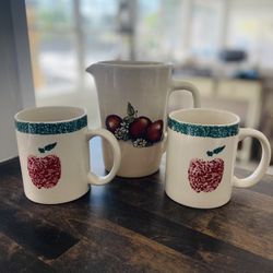 Apple Motif Stoneware- Pitcher And Mugs