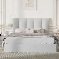 Light Grey Plywood Frame King Size Linen Upholstered Platform Bed with Lifting Storage