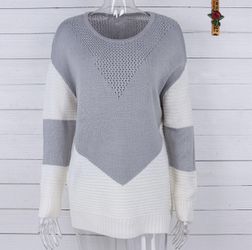 NEW Womens Gray/White Heart Pattern Patchwork Casual Crewneck Knitted Sweater Large