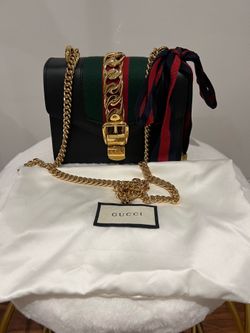 Gucci Sylvie Mini Black Leather Web Chain Shoulder Crossbody Bag Gold Authentic.