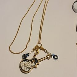Floating Crystals in Gold Fashion Guitar Necklace