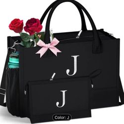 Initial J Tote Bag With Makeup Bag
