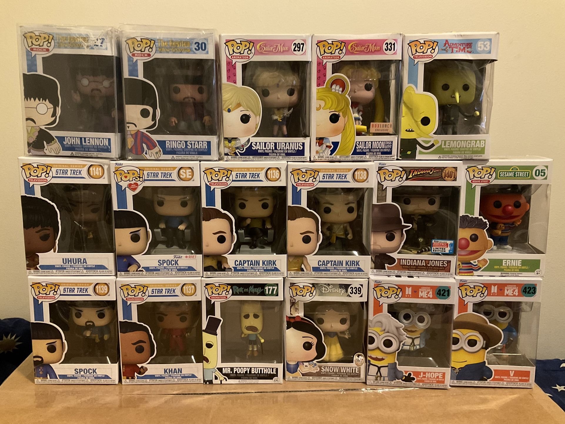 Funko Pops. with damage, from minor to banged up. Adventure Time, Sailor Moon, Beatles, Star Trek, Make Offers. 4/25/25