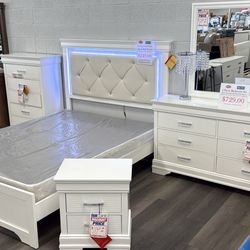 Queen Bedroom Set With LED Light 5 Pieces Includes Bed Frame, Dresser, Mirror And 2 Nightstands Only $729.00