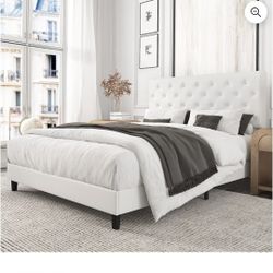 Amolife Queen Faux Leather Upholstered Platform Bed Frame with Adjustable Headboard, Diamond Button Tufted White