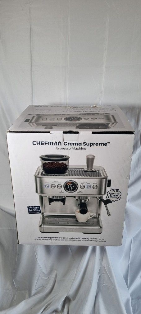 Chefman Crema Supreme Espresso Machine With Conical Burr Grinder And Steam Wand