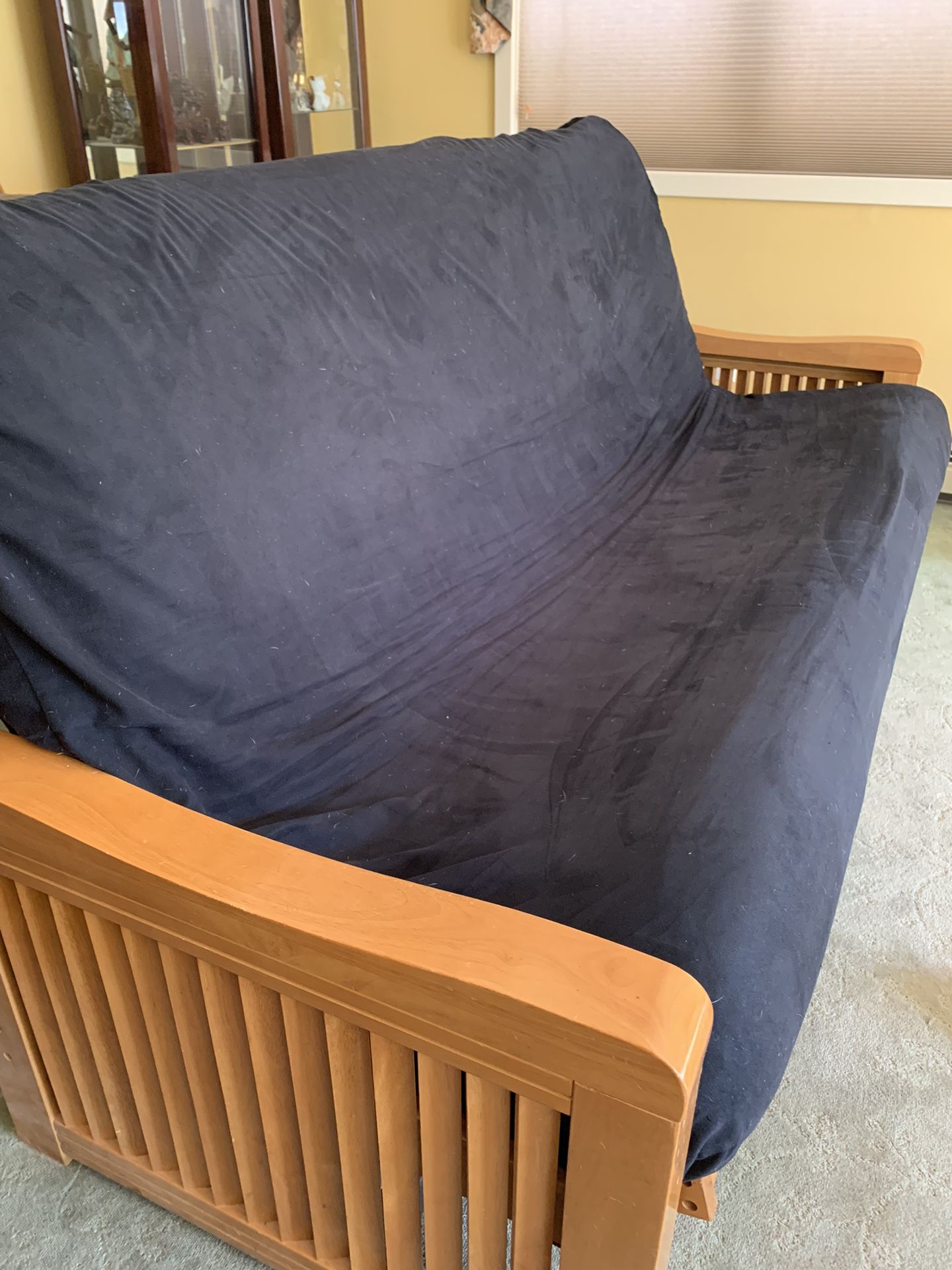 Oak Futon Frame And Full Size Mattress With Two Covers