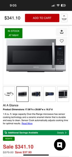 Samsung 1.9cu ft over range microwave 