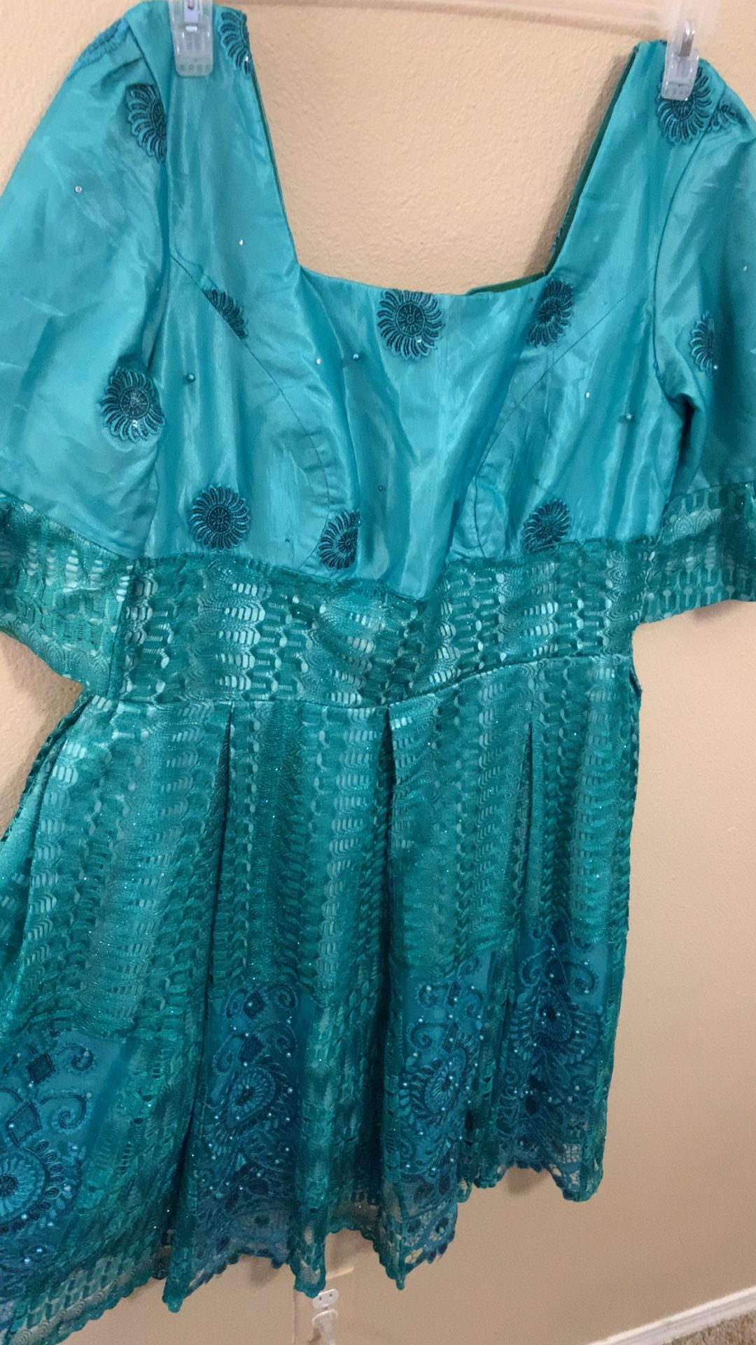 Handmade Teal Embroidered Dress — Tailored, Size ~12–14