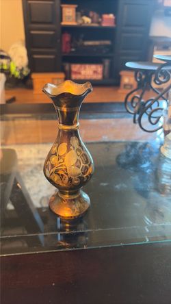 Brass Bud Vase with Floral Etching
