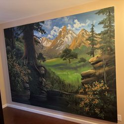 Hand-Painted Mountain Mural, Three-Panel Wall Art