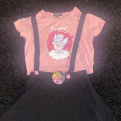 Dolls Kill/ Care bears collab suspenders skirt and angel bear shirt