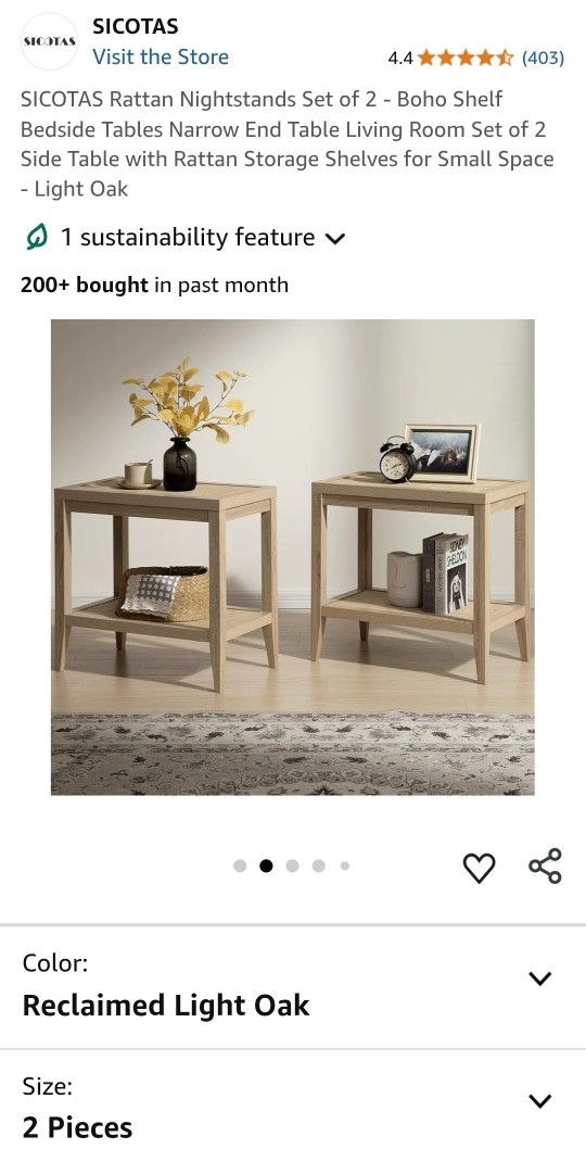 SICOTAS Rattan Nightstands Set of 2 - Boho Shelf Bedside Tables Narrow End Table Living Room Set of 2 Side Table with Rattan Storage Shelves for Small