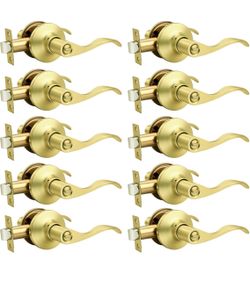 10 Pack Gold Door Handle Wave Privacy Door Lever Brushed Gold, Interior with Lock, Keyless