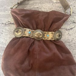 KATHY VAN ZEELAND Vegan Faux Suede & Leather Brown & Gold Concha Turquoise Trim