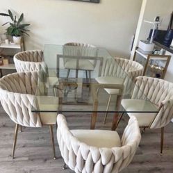 Aesthetic Glass Dining Table And 6 Velvet Woven Chairs 