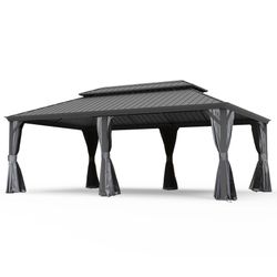 14' X 22' Hardtop Gazebo, Upgraded Metal Gazebo with Drainage System, Dual-Layer Galvanized Steel Roof, Curtain and Netting, Outdoor Shelter Canopy fo