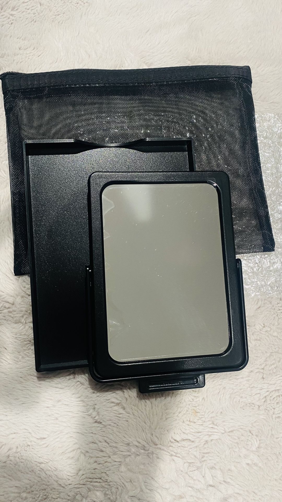 Mary Kay New Black Foldable Travel Mirror with Stand & Vinyl Zippered Bag Case