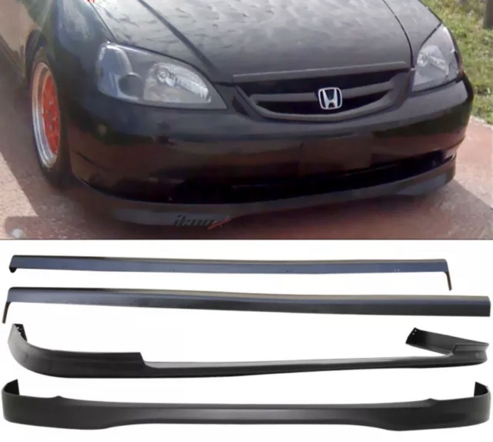 Fits 01-03 Honda Civic PP Front + Rear Bumper Lip + Side Skirts