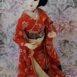 ❤️ AUTHENTIC VINTAGE JAPANESE GEISHA DOLL IN RED KIMONO! 🌼 SIZE LARGE: 17"