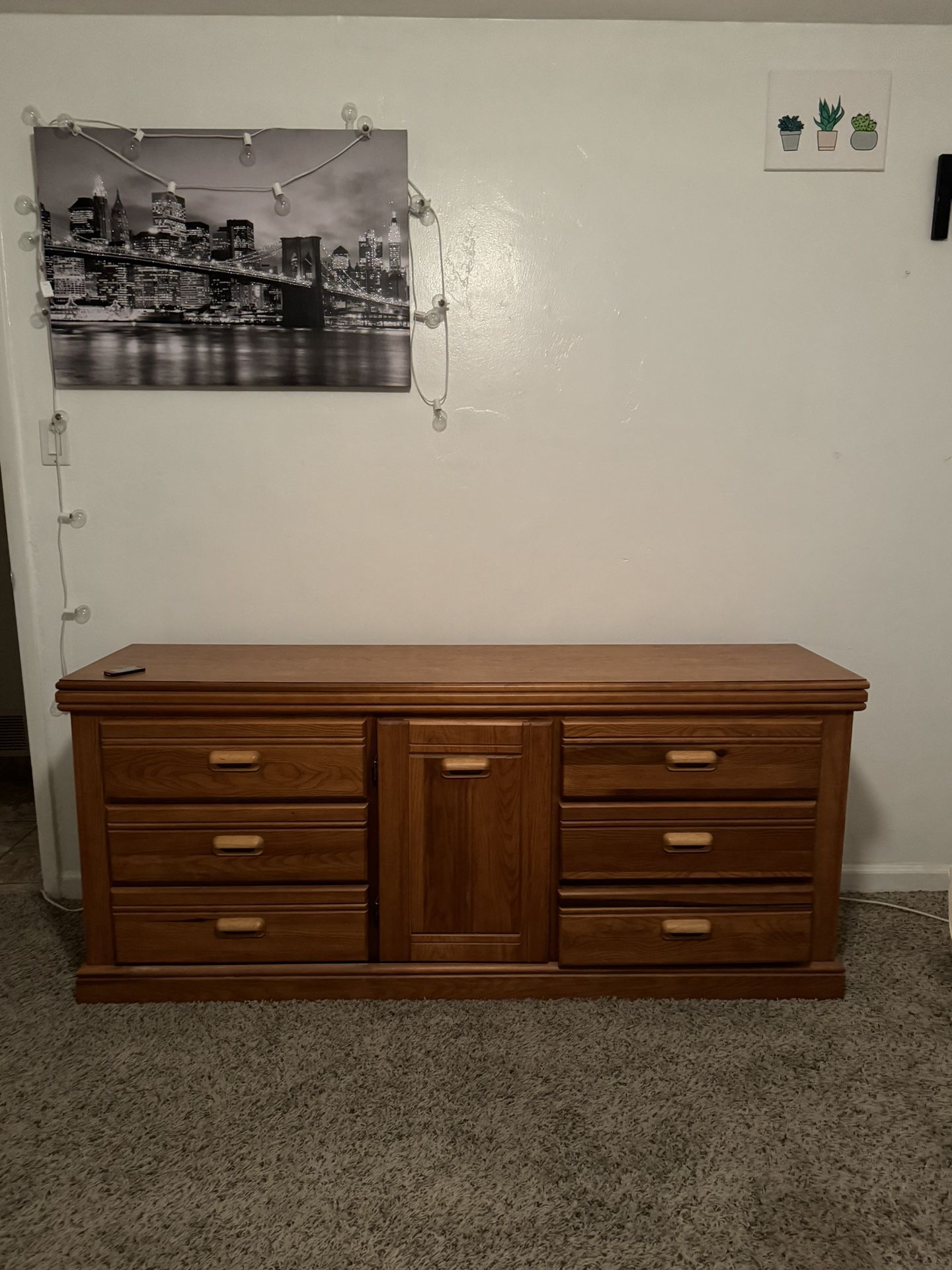 Wooden cabinet & two end tables 