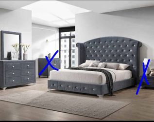 WINGED BACK KING SIZE SUEDE BED FRAME W/BIG DRESSER & MIRROR