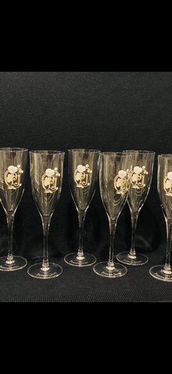 Vintage Perrier-Jouet Signed Champagne Flutes Set of 6 Floral Design & Logo 8”