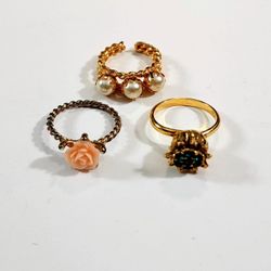 Lot Of Three Vintage Gold Tone Rings  UNTESTED - IncludingGorgeous Resin PETAL PINK ROSE Ring ✦ Gold tone Adjustable And More....