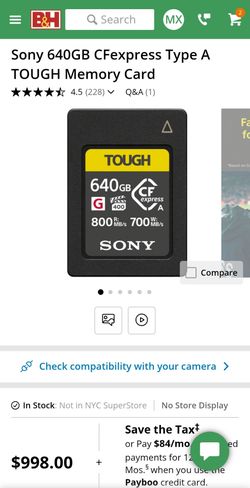 New sony 640GB CFexpress Type A TOUGH Memory Card, $499