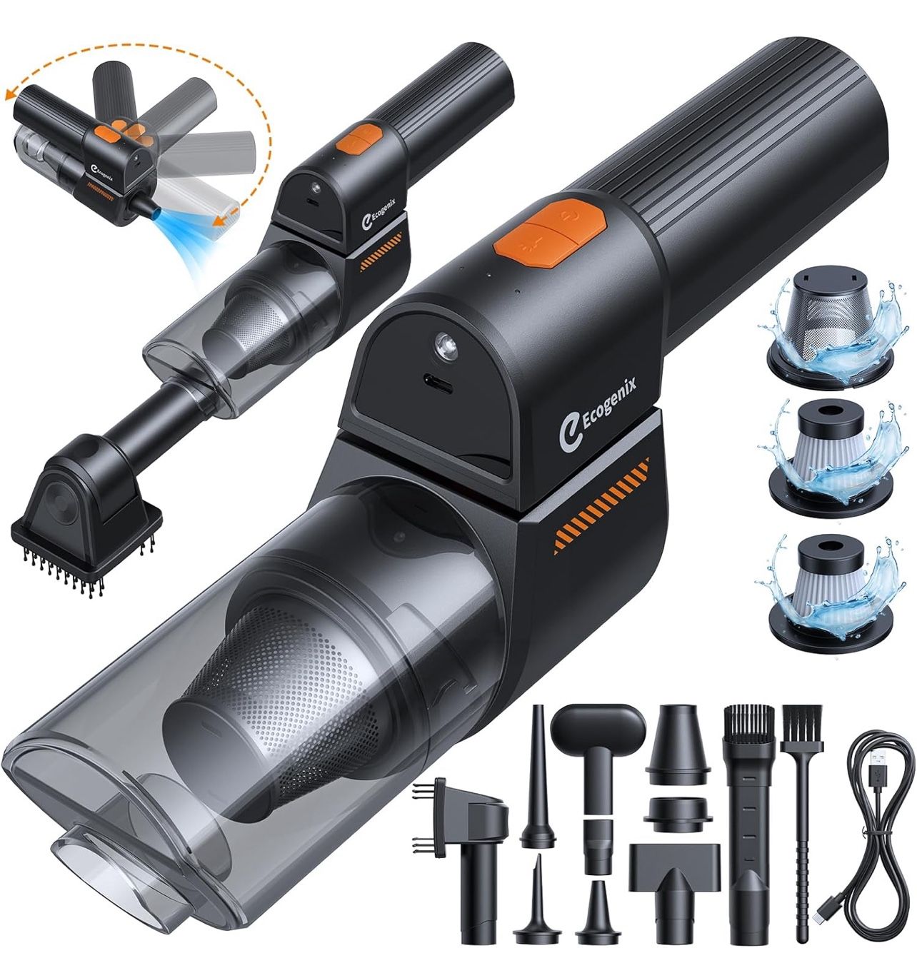 Car Vacuum, 5 in 1 Portable Mini Cordless Vacuum with 23,000Pa Powerful Suction, 10 Attachments, 180° Foldable, Type-C Charge, LED, Small Vacuum Clean