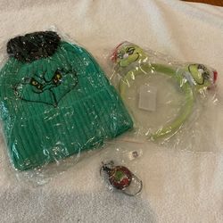 Kids Grinch Beanie& Headband & Retractable KeyChain/Badge Reel for ID Holder Set