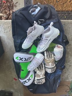 Lacrosse Bag and Essentials Including Men’s Cleats Size 12, Globes, Shin Guards, Elbow Pads, and Chest Guard