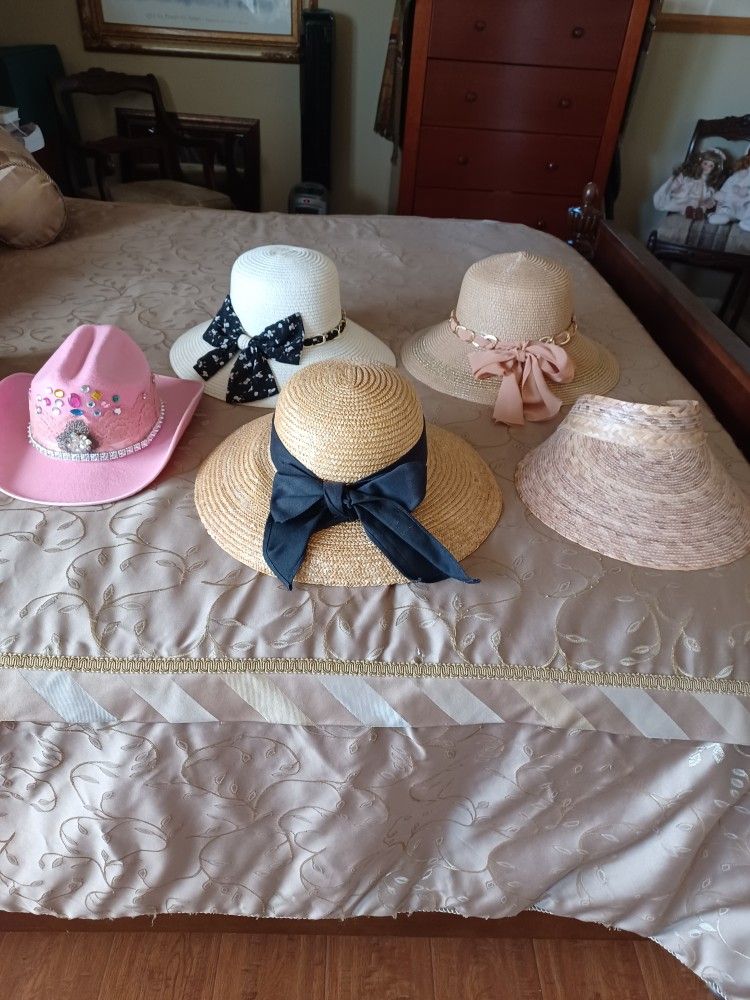 New Sun Hats White With Black& White bow, Beige with silk bow, beige With Black Bow. Large Sun Visor All $10. Ea . Pink Cowgirl Hat WITH JEWELS $15.