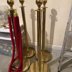 4 METAL Gold Stanchion Posts with Red Velvet Ropes