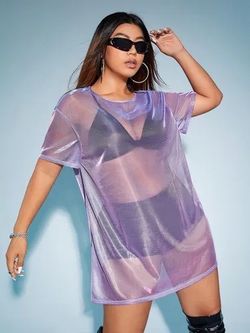 Small Sheer Mesh Drop Shoulder Holographic Half Sleeve Round Neck Blouse Top