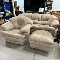 Beige Leather Sofa, Chair And Ottoman Set 