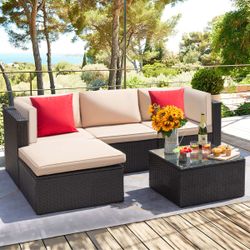 Huang 5 Piece Patio Conversation Set All Weather Wicker Rattan Sofa 3-4 Persons Outdoor Sectional Seating Group with Cushions,Pillows & Glass Table fo