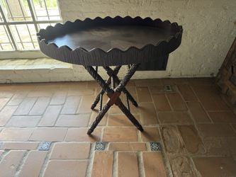 Carved Scalloped Round Tray Table, Barley Twist Folding Stand