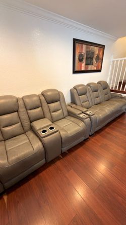 Premium Grey Leather Power Reclining Home Theater Couch Set