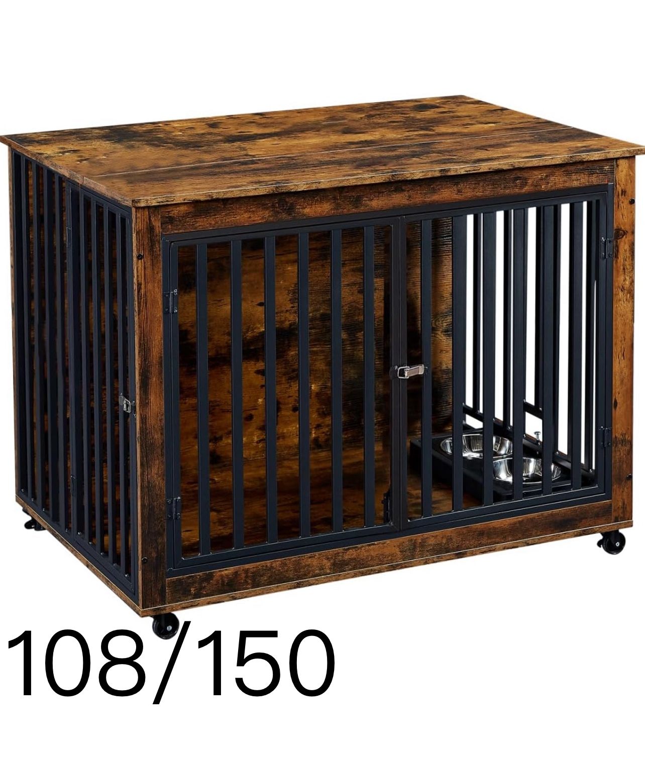 🔥Dog Crate Furniture, Dog House Indoor with Feeding Bowl and Wheels, Wood Dog Crate Dog Kennels Decorative Dog Crate for Small Medium Dogs Brown 43.7