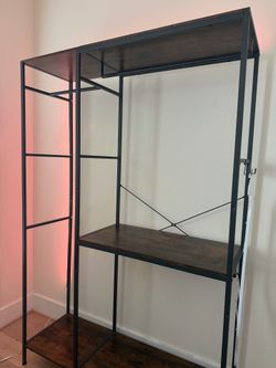 Industrial Garment Rack with Storage Shelves, LED Backlighting & Mini Ironing Board