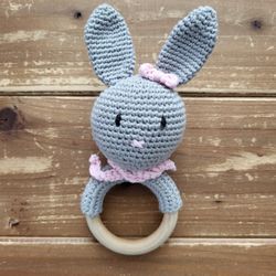 HANDMADE CROCHET GRAY BUNNY RATTLE W/WOODEN HANDLE