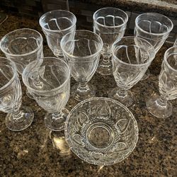 Set of 10 Water Glasses With Glass Bowl / Dish - Perfect Condition!
