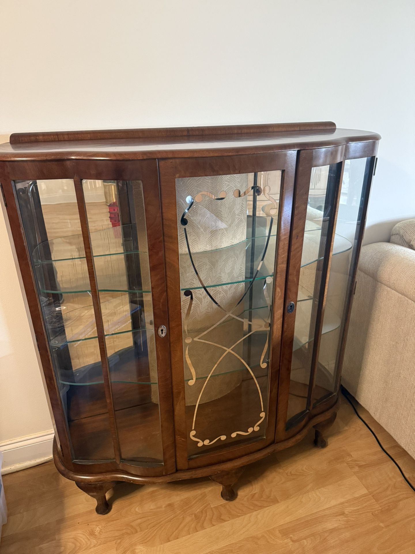 Antique Bowed China Cabinet Curio, Mirrored, 2 Glass Shelves, Circa 19th Century