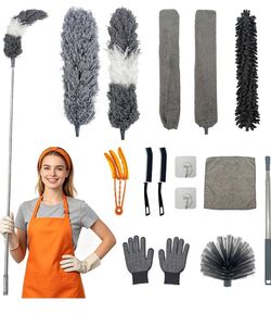 15 PCS Feather Dusters for Cleaning, Microfiber Duster with Extension Pole 100in, Extendable Duster for High Ceilings, Ceiling Fans, Baseboards, Blind