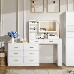 68.9 in. Long White Makeup Vanity with Mirror and Lights 8-Drawer Dresser with Charging Station Vanity Mirror Dressing